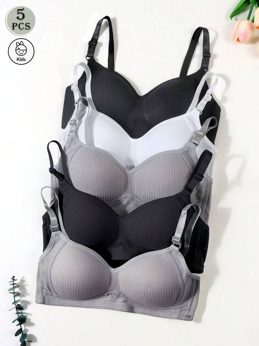 5pcs/Pack Teen Girls Ribbed Minimalist Wireless Bra, Comfortable Adjustable Straps - Multicolor - View 1