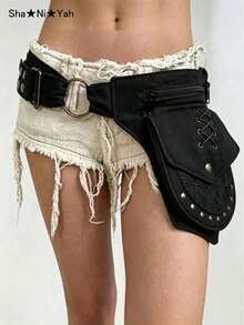 Y2K American Retro Punk Hot Girl Style Motorcycle Waist Bag New Design Niche Personalized Waist Belt Layering Accessory - Black - View 6
