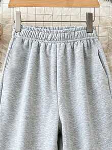 YI XUAN Women's Casual Grey Knitted Fabric Jogger Sweatpants With Pockets, Cropped Length For Sporty Preppy Style, Perfect For Fall Lounging - Light Grey - View 4