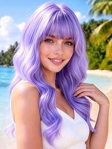 Elegant 28 Inch Light Purple Wavy Hair With Bangs, Natural And Versatile, Suitable For All Women For Parties, Balls, Carnivals And Halloween Cosplay - Light Purple - View 4