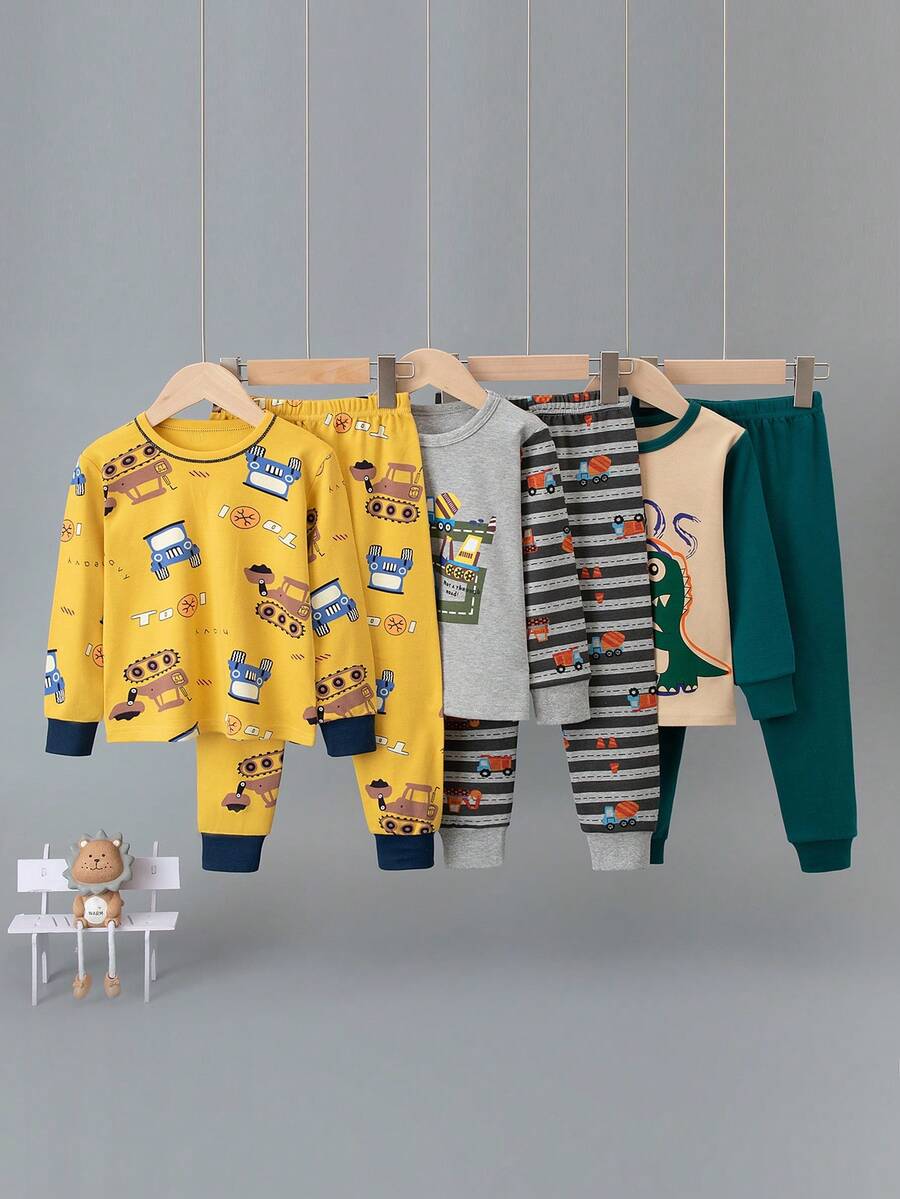 3 Sets Boys Cartoon Underwear Set Cute Print Medium Thick Long Sleeve Long Pants Loungewear Set Printed Autumn Top And Bottom - Multicolor - View 1