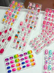 (192pcs, 8 Boxes) Children's Acrylic Full Coverage Glitter Cute Spring/Summer Pineapple, Unicorn, Penguin, Flamingo, Rainbow, Heart Short Press-On Nail Set - Multicolor - View 4