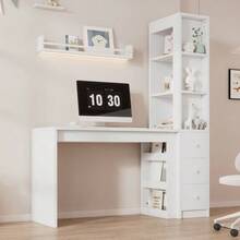 Worktable, Desk, Desk With Bookshelf, With Drawers And Side Storage - 白色 - 查看 6