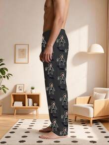 1pc Men's Customized Face Photo Pajama Pants, Personalized Red & White Heart Pattern Lounge Pants, Boyfriend Gift - Multicolor - View 4