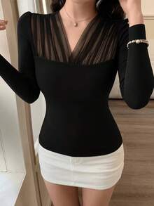Fashionable Women's Black V-Neck Knit T-Shirt, Long Sleeve Slim Fit Top, Decorated With Contrast Mesh Details, Perfect Choice For Autumn Women's Clothing. - Black - View 2