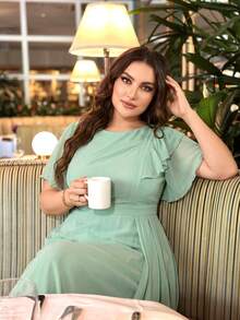 Plus Size Women's New Elegant Ruffle Patchwork Design Slimming Luxury Dress Summer - Mint Green - View 4