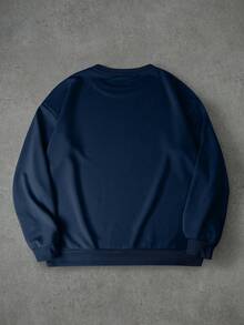 Men's Loose Fit Letter Graphic Crew Neck Casual Sweatshirt, Spring & Autumn, Long Sleeve Top - Navy Blue - View 2