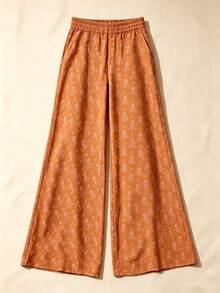 LuminousWealth Women's Bohemian Vacation Style Printed Wide Leg High Waist Casual Long Pants - Orange - View 4