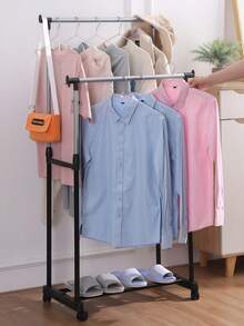 Single/Double Rod Rolling Clothes Rack, Large-Capacity Black Iron Garment Rack, Dimensions 68x40x135 Cm, Equipped With 4 Movable Universal Casters, Mobile Wardrobe Storage Unit, Ideal For Clothing Storage. - Black - View 4