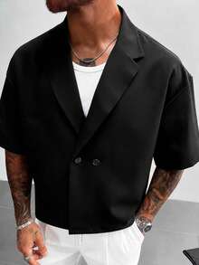 GloMan Old Money Style Men's Black Button Short Sleeve Loose Blazer, Summer Autumn Shirt, Business Casual, Vacation, Beach, Office Commute, Streetwear, Suitable For Father/Husband - Black - View 6