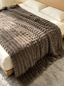 1pc Luxury Double-Sided Faux Rabbit Fur Blanket - Comfortable Striped Flannel, Soft & Warm, Suitable For Napping, Office, Camping, Sofa - Multi-Functional Polyester Bedspread, Christmas Gift - Grey-brown - View 7