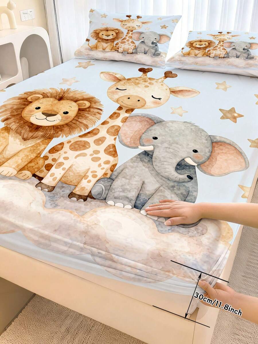 2/3件組 水彩野生動物印花床上用品套裝含枕套,柔軟微纖維包邊床單(深口袋可達30cm),兒童可愛臥室裝飾 - 彩色 - 查看 1