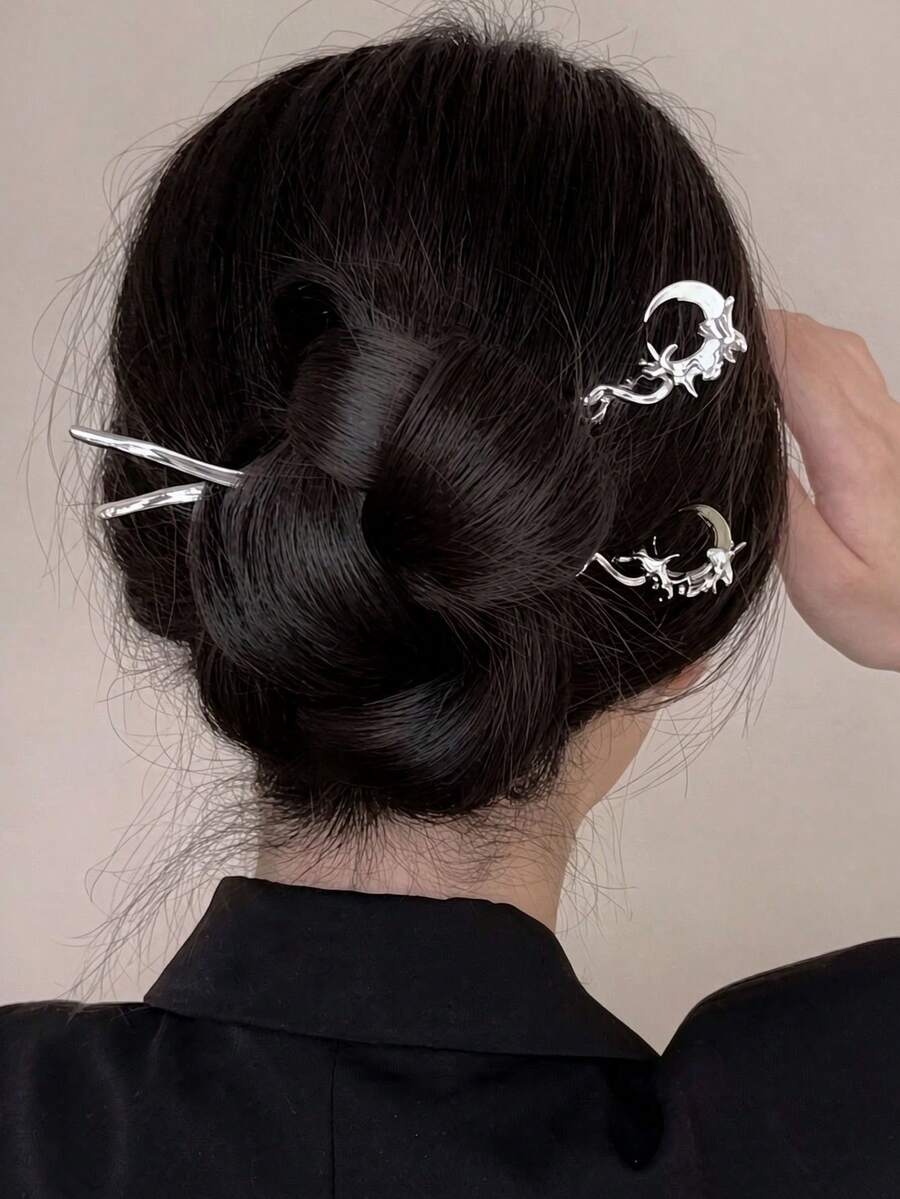 1 Stück Boho-Stil Haarstab mit Mondsichel-Design, antiker chinesischer Stil Haarnadel, personalisiertes Haaraccessoire für Frauen, Haarnadel für Dutt am Hinterkopf, einfacher Haarschmuck, modischer Retro-chinesischer Haarstab, Mondsichel-Haarnadel, für Frauen entworfen, elegantes Haaraccessoire-Geschenk, Halloween dunkler Mond asymmetrische Flüssigkeits-Haarnadel - Verschiedenfarbig - Übersicht 1