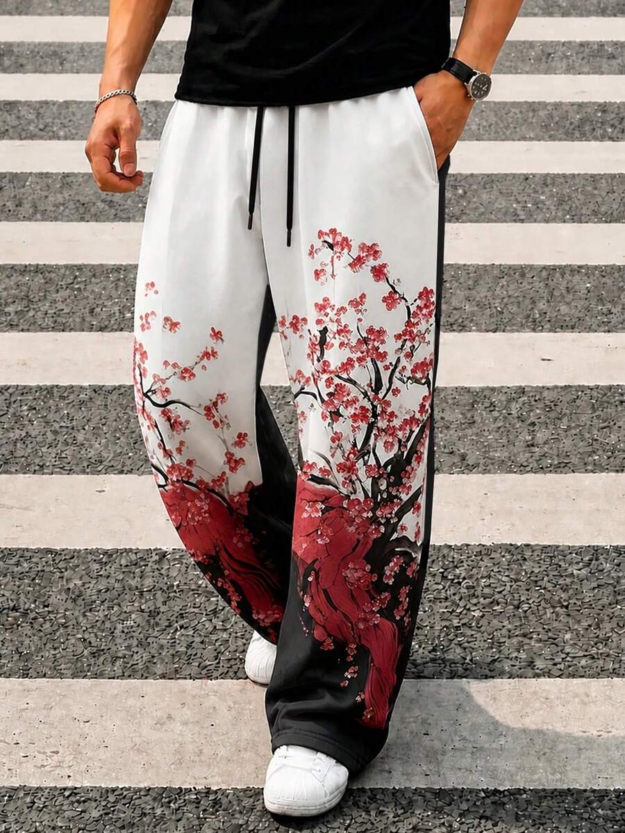 Zrgoth Men's Oriental Ink Wash Plum Blossom Print Wide Leg Sweatpants, Black & White Gradient Drawstring Elastic Waist Loose Fit Street Casual Long Pants - White - View 1