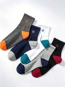 5 Pairs Contrast Color Round Logo Pure Cotton Mid-Calf Sports Socks, Comfortable, Odor-Resistant, Durable, For Men, Outdoor Running And Home Wear - Multicolor - View 3