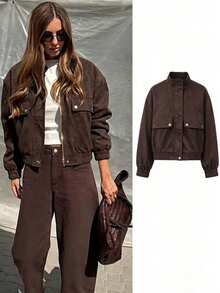 Vintage Women's Brown Knitted Fabric Motorcycle Jacket, Zipper Closure, Long Sleeve Collar, Regular Length, Suitable For Autumn/Winter - Coffee Brown - View 7