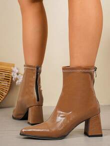 Black Velvet Square Toe Block Heel Ankle Booties Women Back Zipper Ankle Boots - Brown - View 3