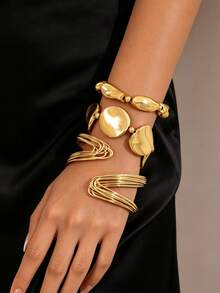 Set Of 3 Exaggerated Geometric Metal Open Bangles, Asymmetrical Design, Fashionable Elegant - Gold - View 1