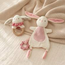 2pcs Cute Rabbit Baby Soothing Toy Set, Soft Plush Rabbit Comfort Blanket And Wooden Ring Rabbit Rattle, Baby Sensory Soothing Toys, Perfect Gift For Newborn Baptism - Multicolor - View 5