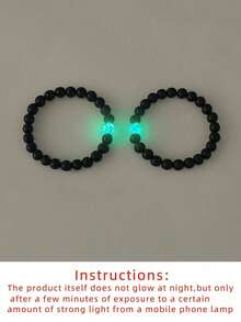 2pcs/Set Glow-In-The-Dark Black Bead Couple Friendship Family Bracelet Set, Casual Jewelry For Daily Wear And Holiday Gift - Multicolor - View 10