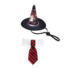 1set Adjustable Halloween Pet Costume Accessory Kit With Pumpkin Ghost Bat Prints, Detachable Printed Necktie & Pointed Witch Hat, Gentleman Style Collar Decor, Themed Party Dress-Up Prop For Small Cats Dogs Indoor Holiday Photo Shooting Scene Layout - Multicolor - View 12