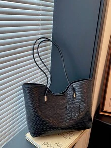 女款大容量高級手提包，時尚百搭休閒極簡通勤單肩托特包 - 黑色 - 查看 7