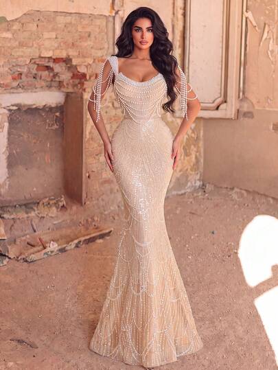 Women's Elegant Square Neck Sleeveless Mermaid Long Dress, Embellished With Sequins And Pearls, Suitable For Formal Occasions, Balls Or Parties