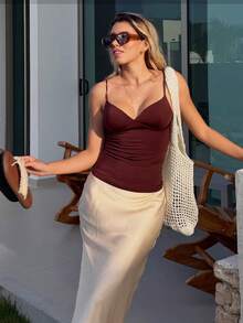Women's Off-Shoulder Camisole Top, Black & Brown, Suitable For Summer Vacation & Spring Casual - Redwood - View 8