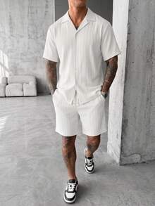 YUNCHIC Men's Vertical Ribbed Texture 2-Piece Set, Cuban Collar Short Sleeve Button Shirt And Drawstring Shorts Outfit, Summer Casual Vacation & Sportswear - White - View 4