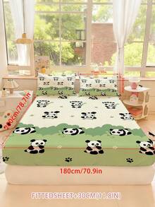 2/3PCS Adorable Cartoon Panda Bedding Set, Green Bamboo & Paw Print Bed Sheet With Pillowcases, Soft Microfiber Fitted Sheet (Twin/Full/Queen/King Size) - Multicolor - View 10