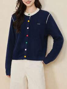 Women's Autumn/Winter Casual Minimalist Contrast Trim Design Colorful Button Knit Cardigan Jacket Sweater - Navy Blue - View 4