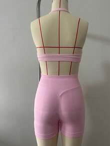 2pcs/Set Women's Sports Fitness Outfit Set, Halter Top And Sports Shorts, Suitable For Running And Training - Pink - View 8