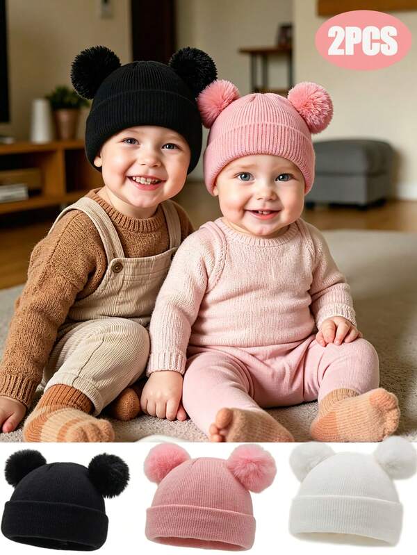 2pcs/1pc Warm Knitted Knitted Hat, Cute Fluffy Double Pom Pom Design, Thickened Hat Body, Suitable For Newborns