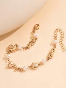 1pc Personalized Bohemian Dolphin Seahorse Shell Faux Pearl Charm Bracelet, Casual Style Hand Accessory - Gold - View 2
