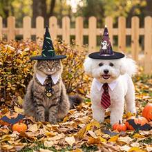 1set Adjustable Halloween Pet Costume Accessory Kit With Pumpkin Ghost Bat Prints, Detachable Printed Necktie & Pointed Witch Hat, Gentleman Style Collar Decor, Themed Party Dress-Up Prop For Small Cats Dogs Indoor Holiday Photo Shooting Scene Layout - Multicolor - View 2