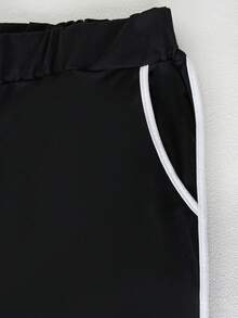 Setelan Kasual 2 Potong Wanita Ukuran Plus, Atasan Lengan Pendek Leher Bulat & Celana Jogger Tali Serut dengan Saku, Pakaian Kasual Elegan untuk Musim Semi, Gugur, dan Musim Panas - Hitam - View 8