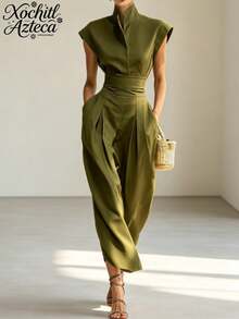 Nuevo vestido de cercanías con cintura alta y cintura alta y blusa suelta de cuello alto - Verde militar - Ver 1