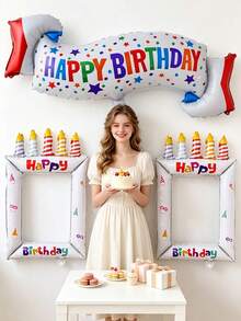 3pcs/Set Happy Birthday Banner, Birthday Photo Frame, Aluminum Foil Balloon Set, Birthday Party Decoration Balloons, Holiday Photography Props, Christmas, Halloween Decoration - Birthday - View 4