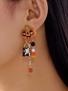 1 Pair Halloween Ghost Pumpkin Pendant Earrings With Rhinestone Dangle, No Card - Multicolor - View 2