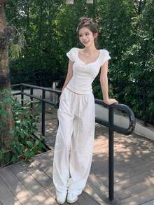 心形领口修身女士T恤，短袖，春夏休闲白色 - 白色 - 查看 7