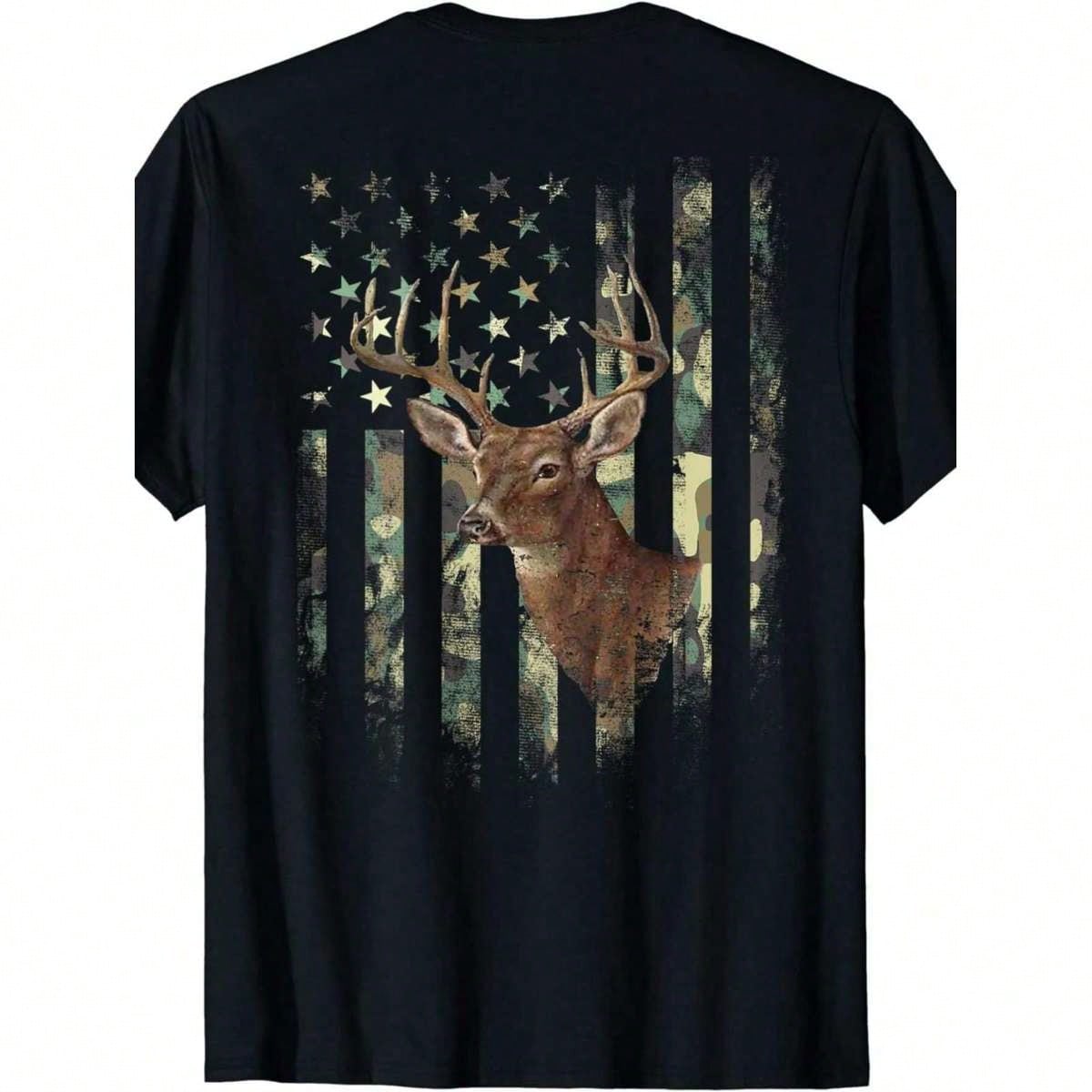 Men's & Women's Vintage Patriotic Deer & American Flag Graphic T-Shirt - 100% Cotton 180gsm Soft Round Neck Tee, Plus Sizes S-3XL, Casual Gym Wear,