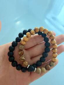 Juego de 2 piezas pulseras elásticas con cuentas de piedra volcánica de ágata natural de 6mm y 8mm para hombres - Negro - Ver 5