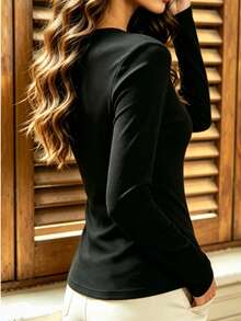 Women's Round Neck Waist-Cinching Long Sleeve Top, Slim Fit, Flattering, Black, Elegant, Commuter, Versatile, Solid Color, Mature Style, Spring/Autumn, Daily Wear - Black - View 4