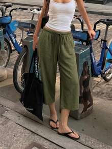 Women's 7/8 Length Wide Leg Pants, Summer New Elastic Waist Drawstring Lightweight Breathable, Slouchy, Loose Casual Pants, Suitable For Daily Wear - Army Green - View 8