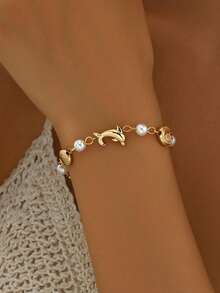 1pc Personalized Bohemian Dolphin Seahorse Shell Faux Pearl Charm Bracelet, Casual Style Hand Accessory - Gold - View 1
