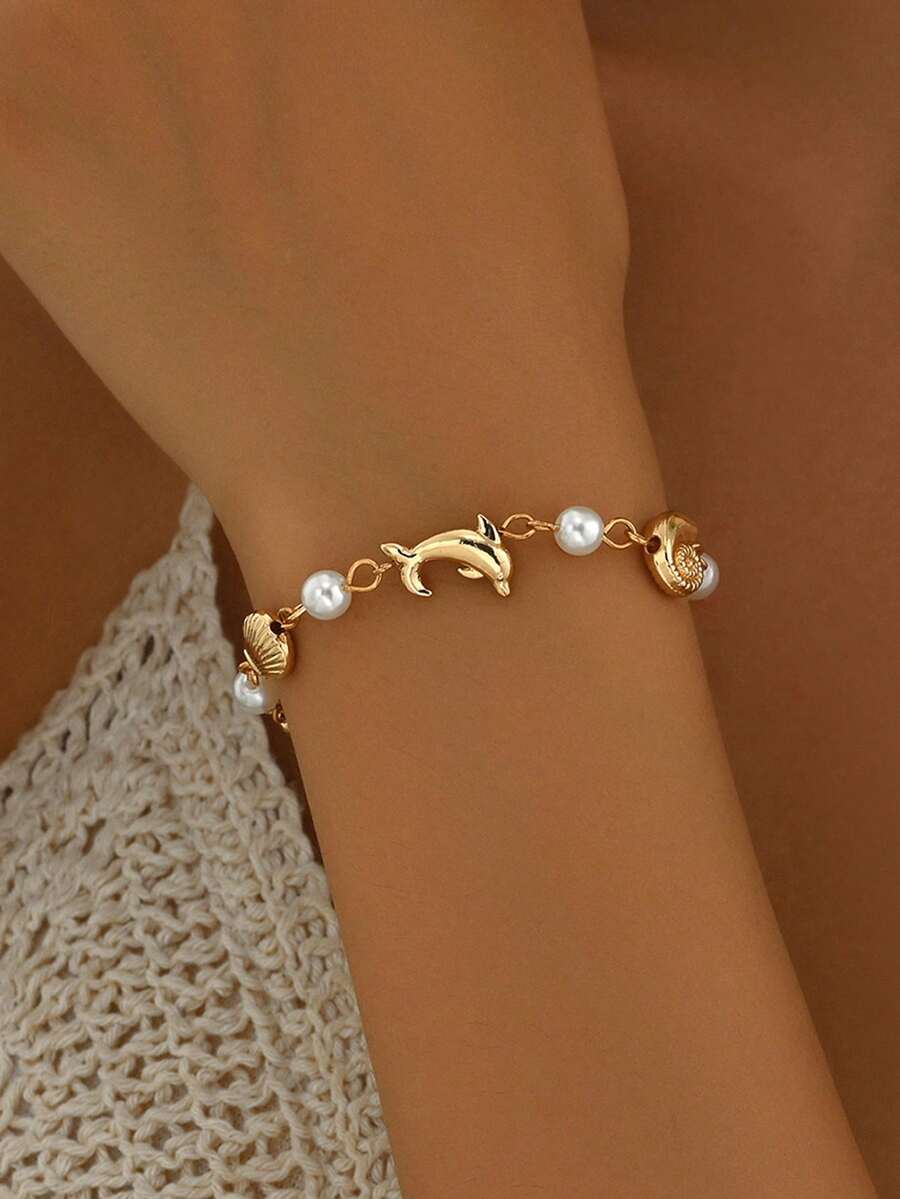 1pc Personalized Bohemian Dolphin Seahorse Shell Faux Pearl Charm Bracelet, Casual Style Hand Accessory - Gold - View 1