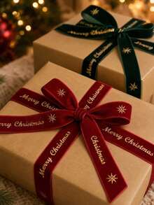 2pcs/2m Gold Merry Christmas Printed Ribbon, Luxury Metallic Fabric Satin Ribbon, Suitable For Gift Wrapping, Christmas Tree Decoration And DIY Bows, Holiday Craft Decoration Ribbon, Christmas Tree Decoration Ribbon, Gift Decoration Satin Ribbon, Christmas Wrapping Accessories - Christmas - View 2