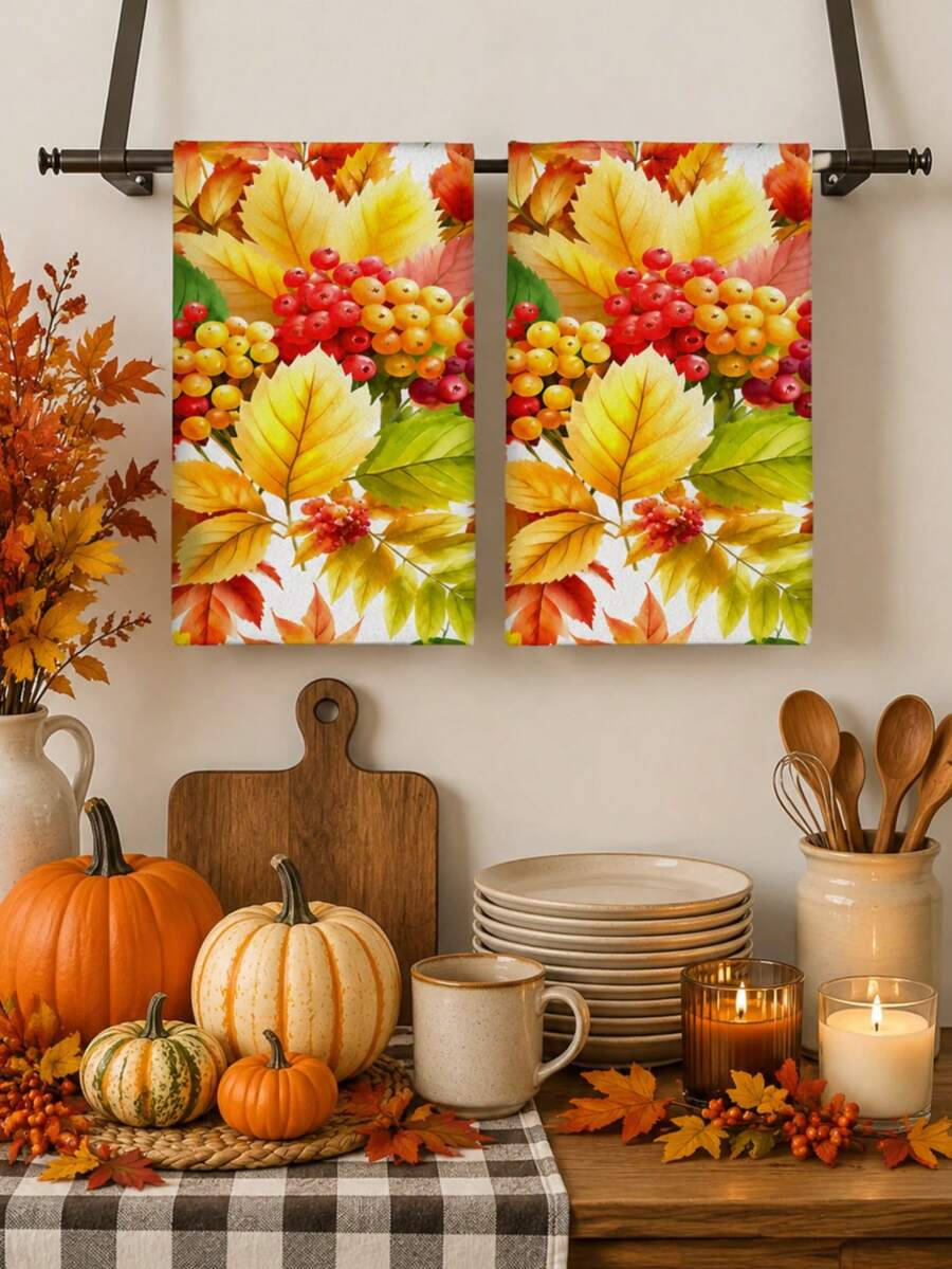 2pcs/4pcs/8pcs Thanksgiving Autumn Maple Leaf Pumpkin Hand Towels, Harvest Festival Bathroom Towels, Dish Cloths, Vintage Farm Style, Suitable For Harvest Festival Kitchen Decor, Thanksgiving Party Event Decoration - Multicolor - View 1