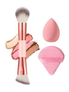 2/3/6pcs Pink Makeup Accessory Set, Dual-Ended Face Brush, Teardrop Blending Sponge And Triangle Velvet Powder Puff, Soft Reusable Foundation, Concealer And Setting Powder Tools - Multicolor - View 9