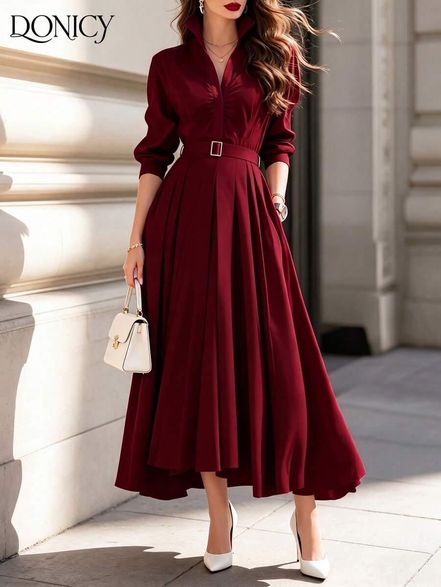 Gaun Kemeja Panjang Sedang Warna Merah Anggur, Gaun Pesta Pernikahan Elegan Wanita Berkerah Lengan 3/4 dengan Detail Kerut dan Pinggang yang Rapi, Model A-Line yang Mengalir